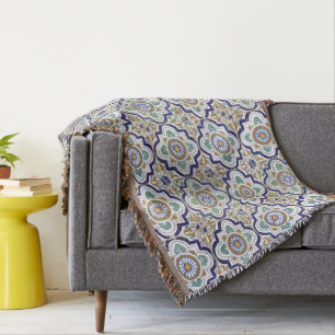 Vintage Botanical Ornamental Tiles Pattern Throw Blanket