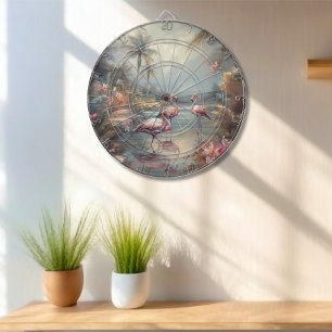Vintage botanical painting flamingos and Flowers Dartboard