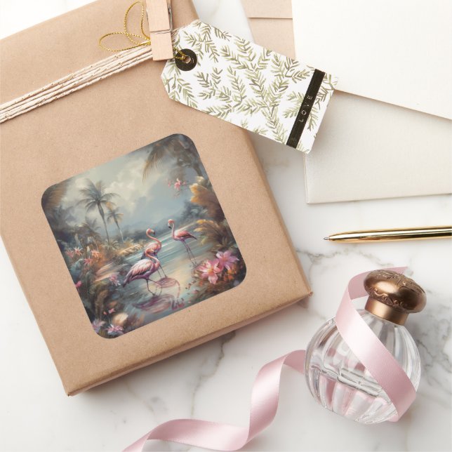 Vintage botanical painting flamingos and Flowers Square Sticker (Gifting)