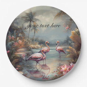vintage botanical painting flamingos customizable paper plate
