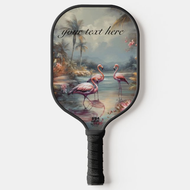 vintage botanical painting flamingos customizable pickleball paddle (Front)
