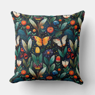 Vintage botanical painting flowers, leaves, branch throw pillow