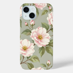 Vintage Botanical Pink Floral Sage Green iPhone 15 Case