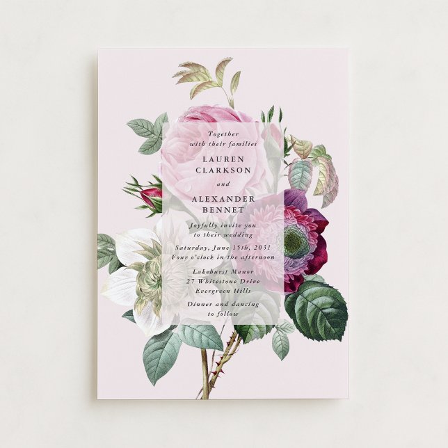 Vintage botanical pink floral wedding invitation (Creator Uploaded)