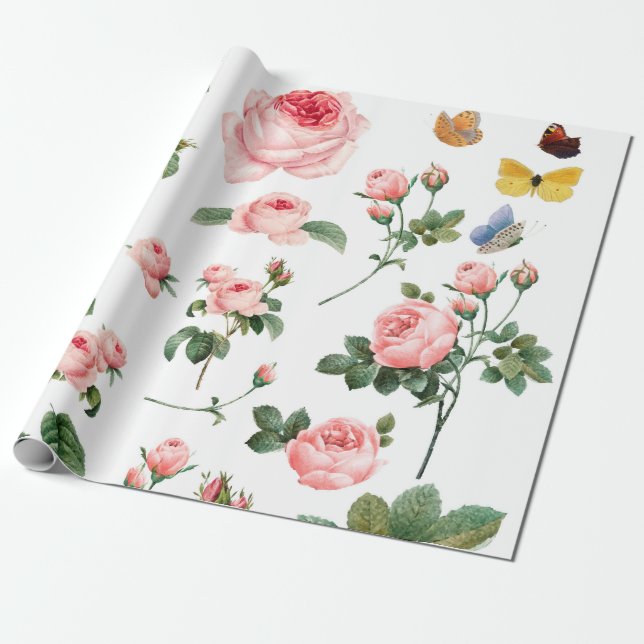 VINTAGE BOTANICAL PINK ROSES WRAPPING PAPER (Unrolled)