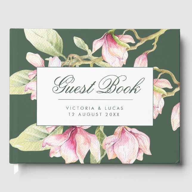 Vintage Botanical Pink & Sage Green Wedding Guest Book (Front)