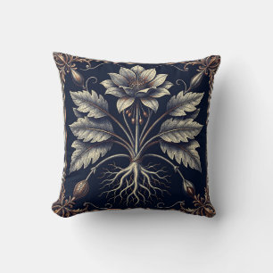Vintage Botanical Poppy Root Gold Engraving Throw Pillow