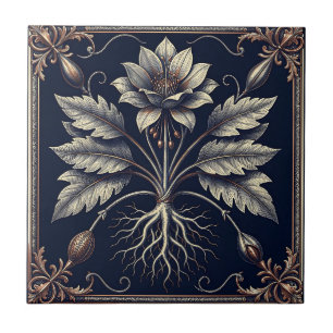 Vintage Botanical Poppy Root Gold Engraving Tile