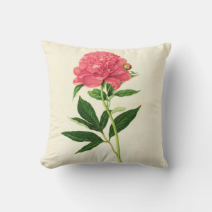 Vintage Botanical Print, Coral Pink Peony Throw Pillow