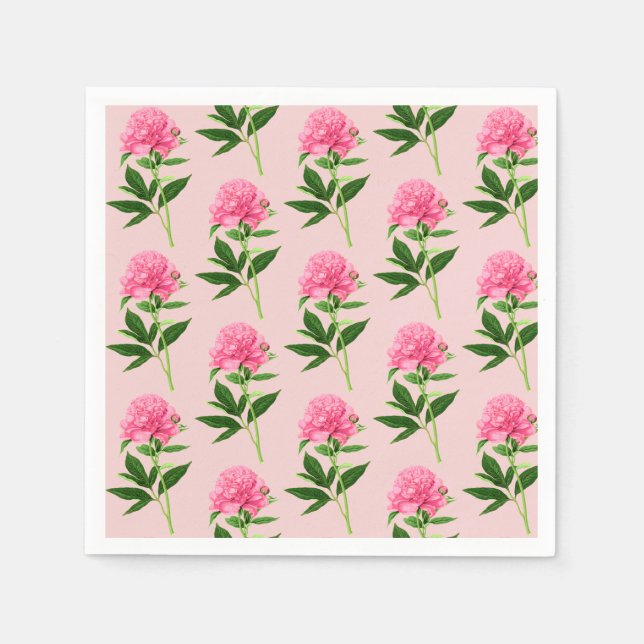 Vintage Botanical Print, Pastel Pink Peony Napkin (Front)