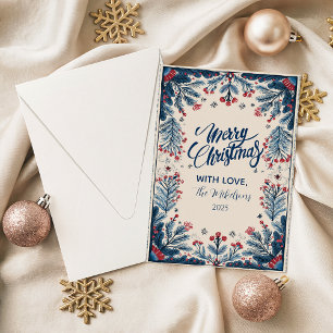Vintage Botanical Red and Blue Holiday Card