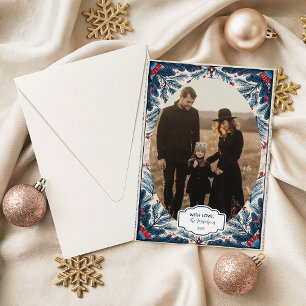 Vintage Botanical Red and Blue Holiday Card