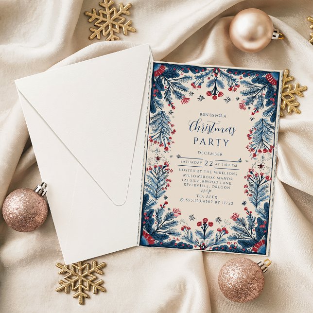 Vintage Botanical Red and Blue Holiday Invitation (Creator Uploaded)