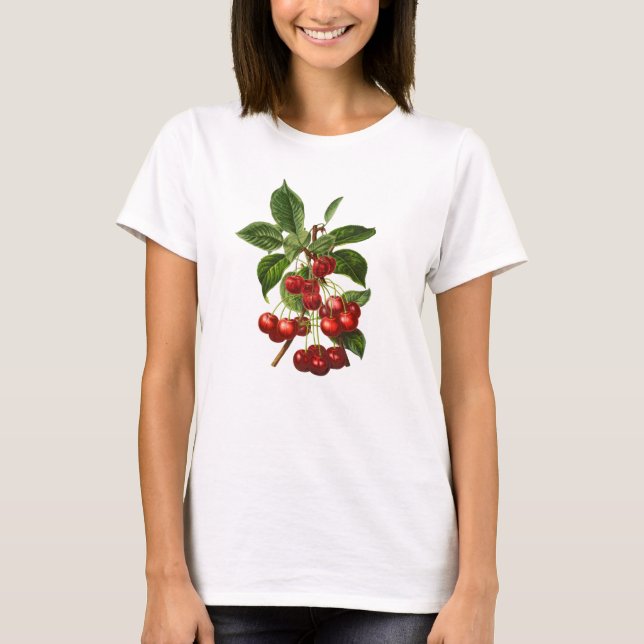 Vintage Botanical Red Cherries Print T-Shirt (Front)