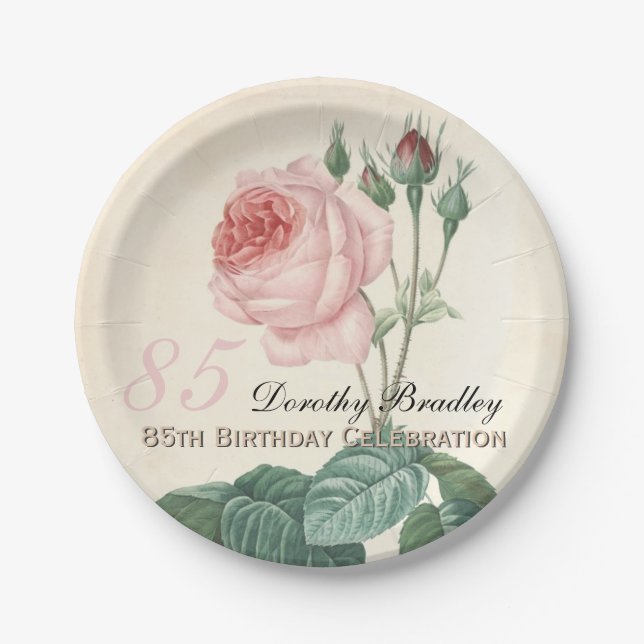Vintage Botanical Rose 85th Birthday Party PP Paper Plate (Front)