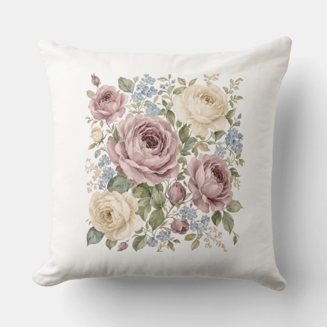 Vintage Botanical Rose and Butterfly Pattern Throw Pillow (Front)