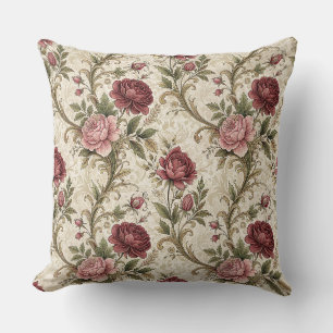 Vintage Botanical Rose & Damask Floral Pattern Art Throw Pillow