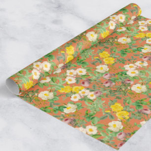 Vintage Botanical Rose Wrapping Paper in Warm Peac
