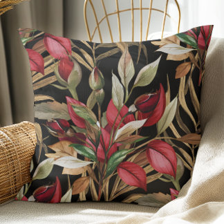Vintage Botanical Roses And Palm Leaves Black Throw Pillow
