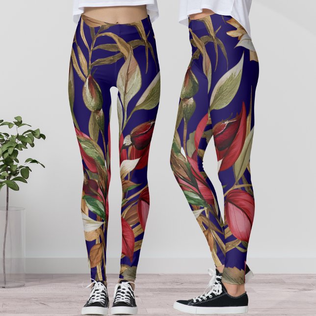Vintage Botanical Roses and Palm Leaves Blue Leggings (Creator Uploaded)