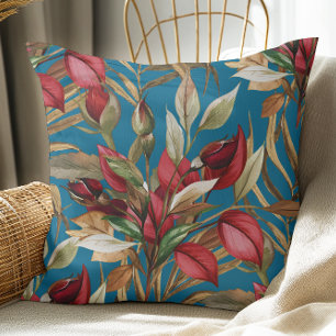 Vintage Botanical Roses And Palm Leaves Blue Throw Pillow