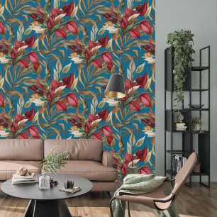 Vintage Botanical Roses And Palm Leaves Blue Wallpaper