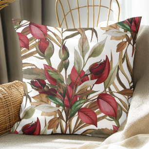 Vintage Botanical Roses And Palm Leaves White Throw Pillow