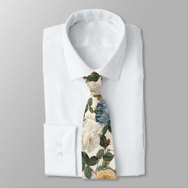 Vintage Botanical Roses On Cream  Tie (Tied)