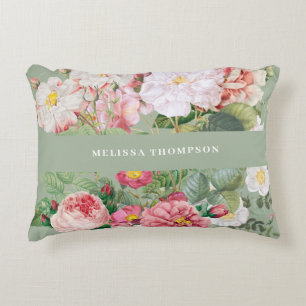 Vintage Botanical Roses Pastel Green & Pink  Accent Pillow