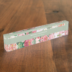 Vintage Botanical Roses Pastel Green & Pink   Nameplate