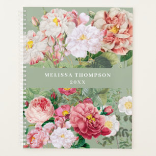 Vintage Botanical Roses Pastel Green & Pink Planner
