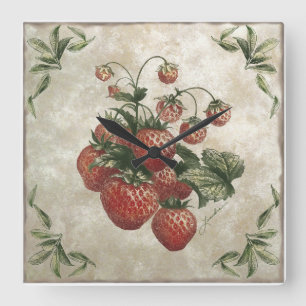 Vintage Botanical Rustic Strawberries  Square Wall Clock
