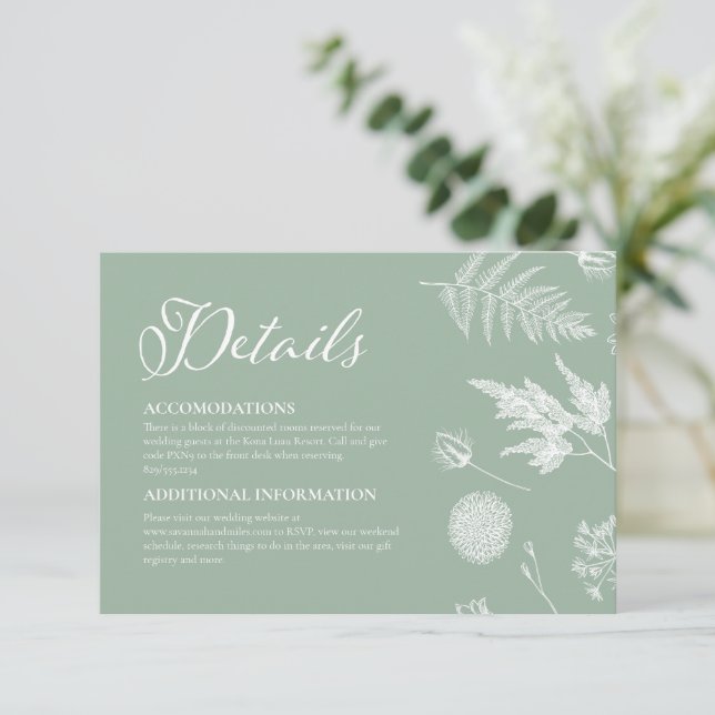 Vintage Botanical Sage Details Card Insert (Standing Front)