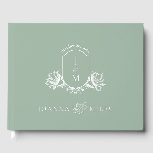 Vintage Botanical Sage Monogram Crest Guest Book (Front)