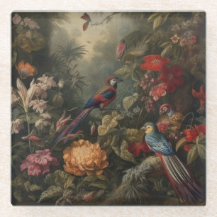Vintage botanical scene birds flowers in paradise glass coaster