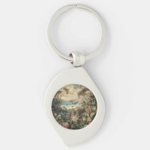 Vintage botanical scene birds flowers in paradise keychain