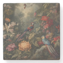 Vintage botanical scene birds flowers in paradise