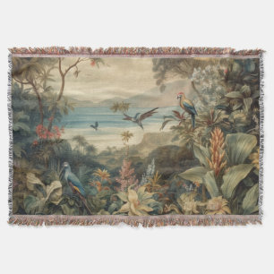 Vintage botanical scene birds flowers in paradise throw blanket