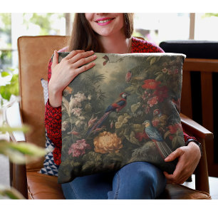 Vintage botanical scene birds flowers in paradise throw pillow