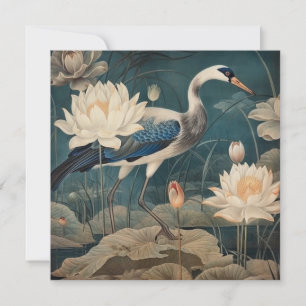 Vintage botanical scene blue crane and lotus