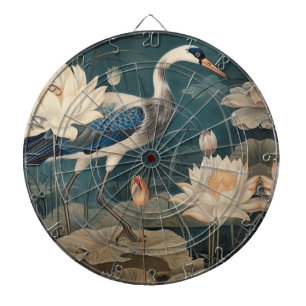 Vintage botanical scene blue crane and lotus dartboard