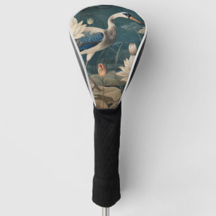 Vintage botanical scene blue crane and lotus golf head cover