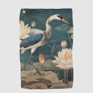Vintage botanical scene blue crane and lotus golf towel