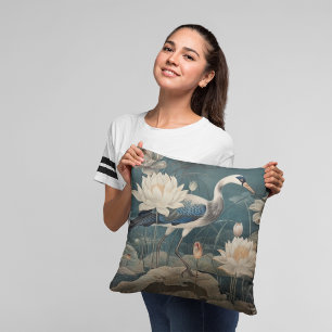Vintage botanical scene blue crane and lotus throw pillow