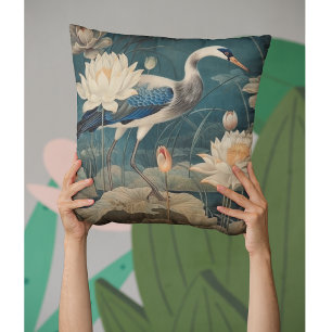 Vintage botanical scene blue crane and lotus throw pillow