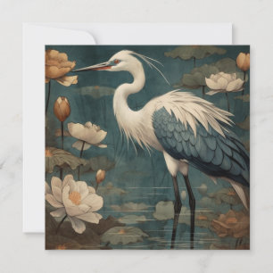 Vintage botanical scene blue crane and lotus too