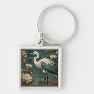 Vintage botanical scene blue crane and lotus too keychain