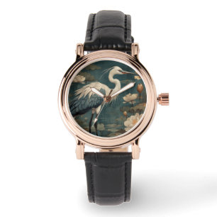 Vintage botanical scene blue crane and lotus too watch