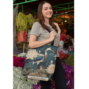 Vintage botanical scene blue crane and lotus tote bag