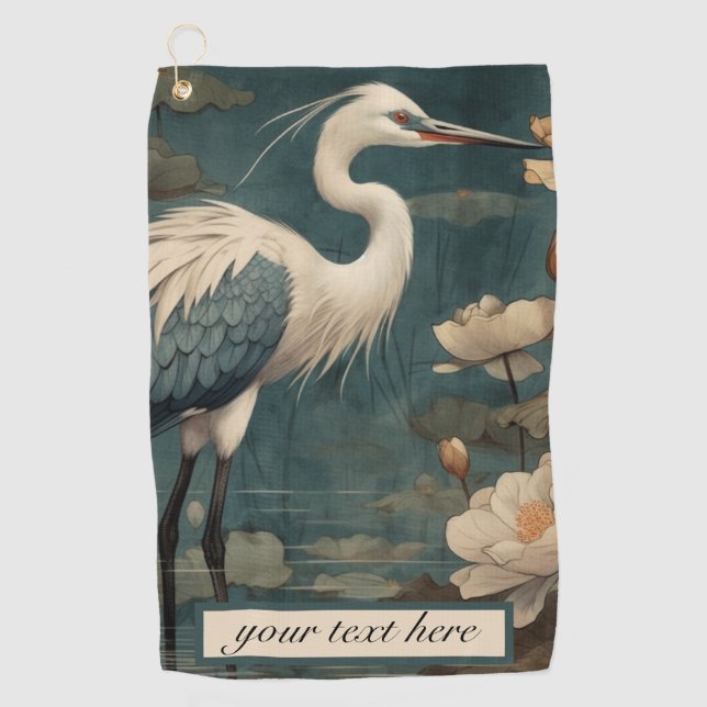 Vintage botanical scene blue crane customizable golf towel (Front)